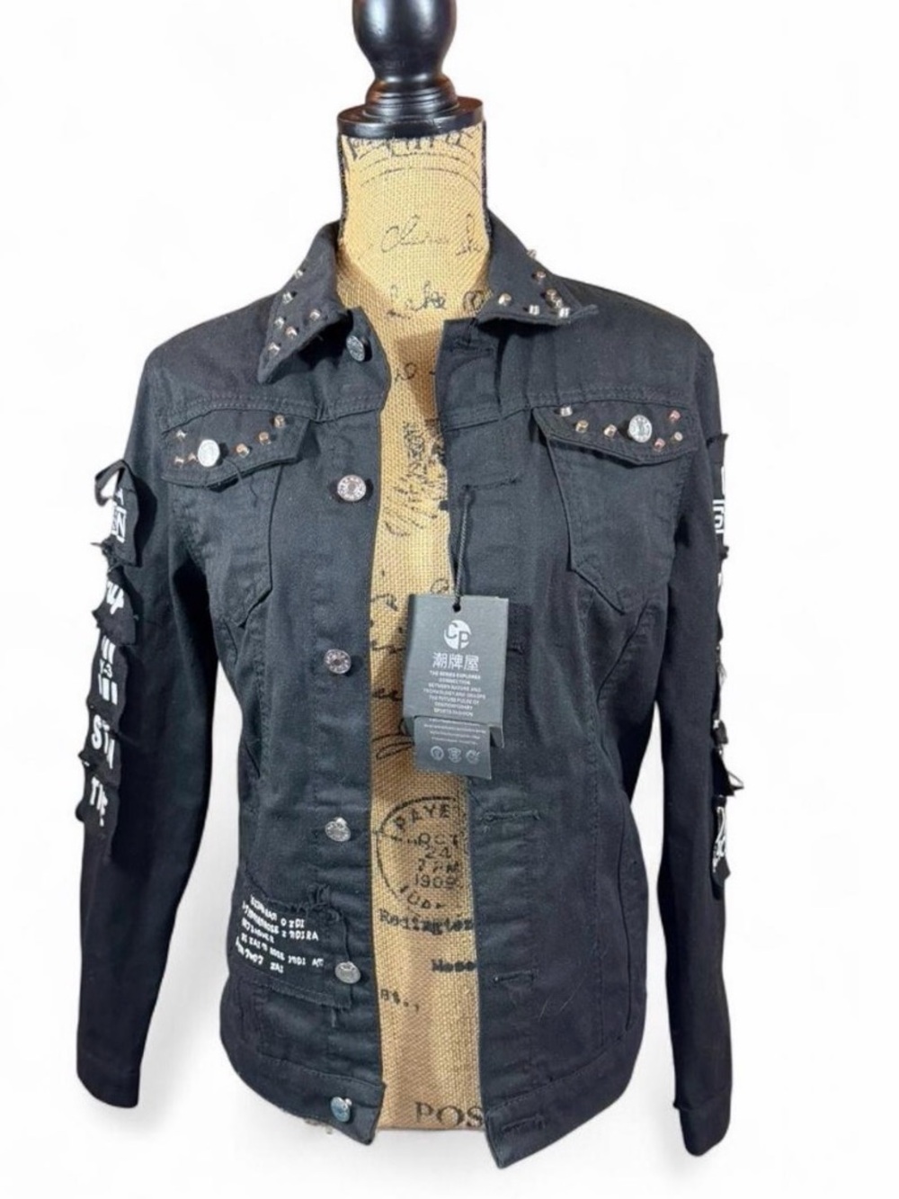 Black Studded Punk Denim Jacket Graphic Streetwear Grunge Women's Small